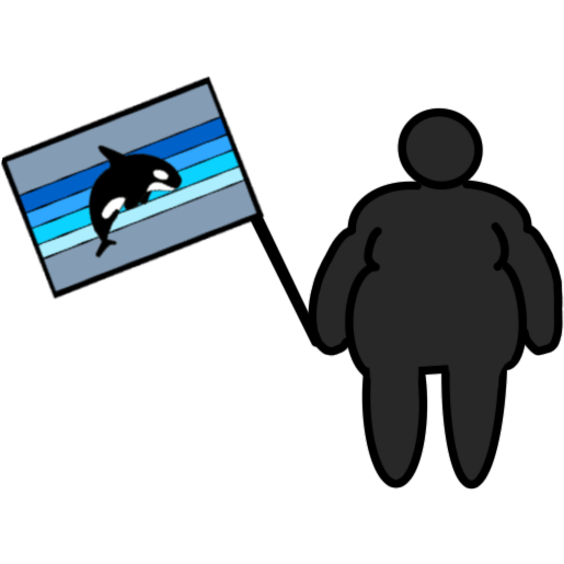  fat person holding a flag The flag is grey with 4 horizontal blue stripes in the middle going from darkest at the top to lightest at the bottom. There is an orca in the center of the flag in front of the stripes.